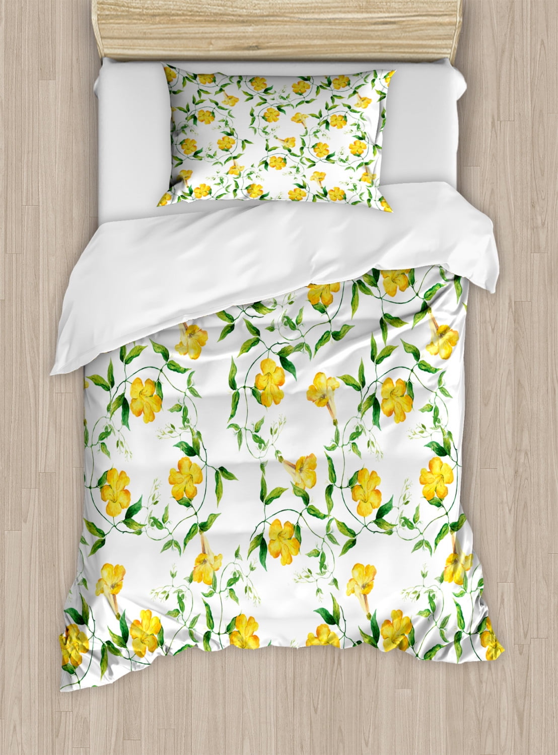 Yellow Flower Twin Size Duvet Cover Set, Romantic Botanical Theme