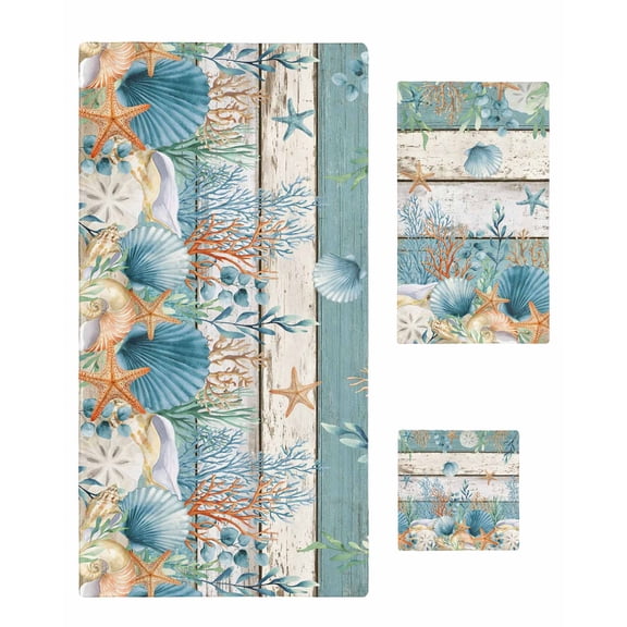 Vintage Blue Coastal Towel Set of 3,Soft Microfiber Bath Towels,Hand Towel,Washcloths,Summer Beach Starfish Shell Coral Nautical Quick-Dry Absorbent Towels for Bathroom Kitchen Hotel Beach Gym Spa