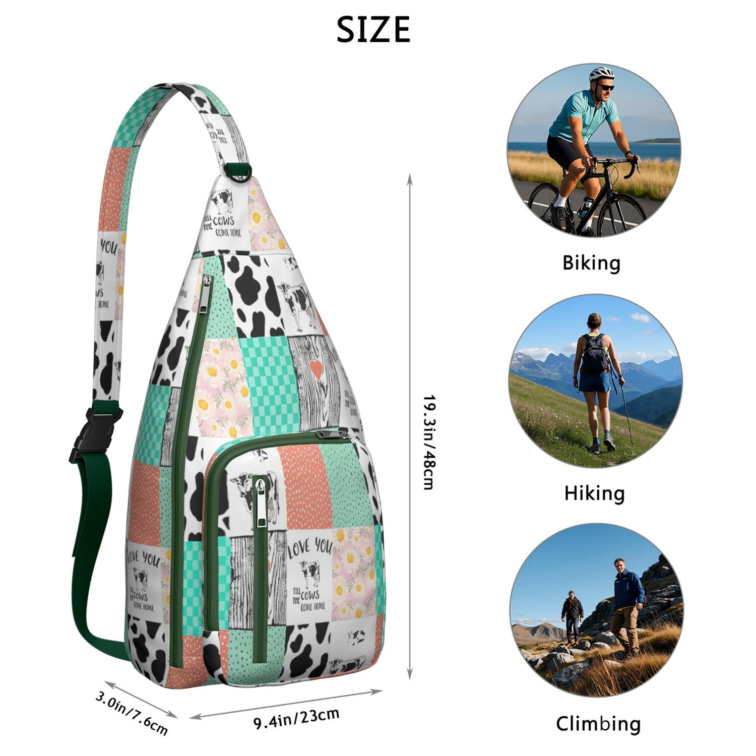 Highland Cow Print Canvas Sling Bag - Rustic Farmhouse Crossbody Backpack for Men & Women, Cute Cow Lovers Shoulder Daypack (Black & White Cow Pattern, Funny Farm Design, Unisex Casual Rucksack)