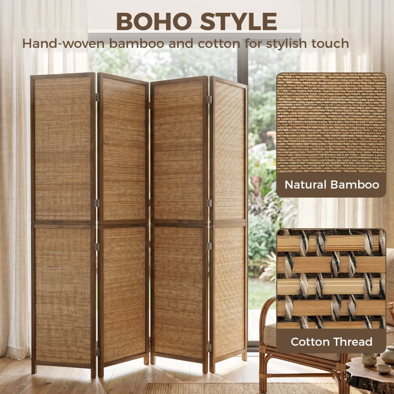 Alvantor 4-Panel Folding Privacy Screen, Freestanding Bamboo Room Divider with Open-Weave Design 63"x70.9" Brown