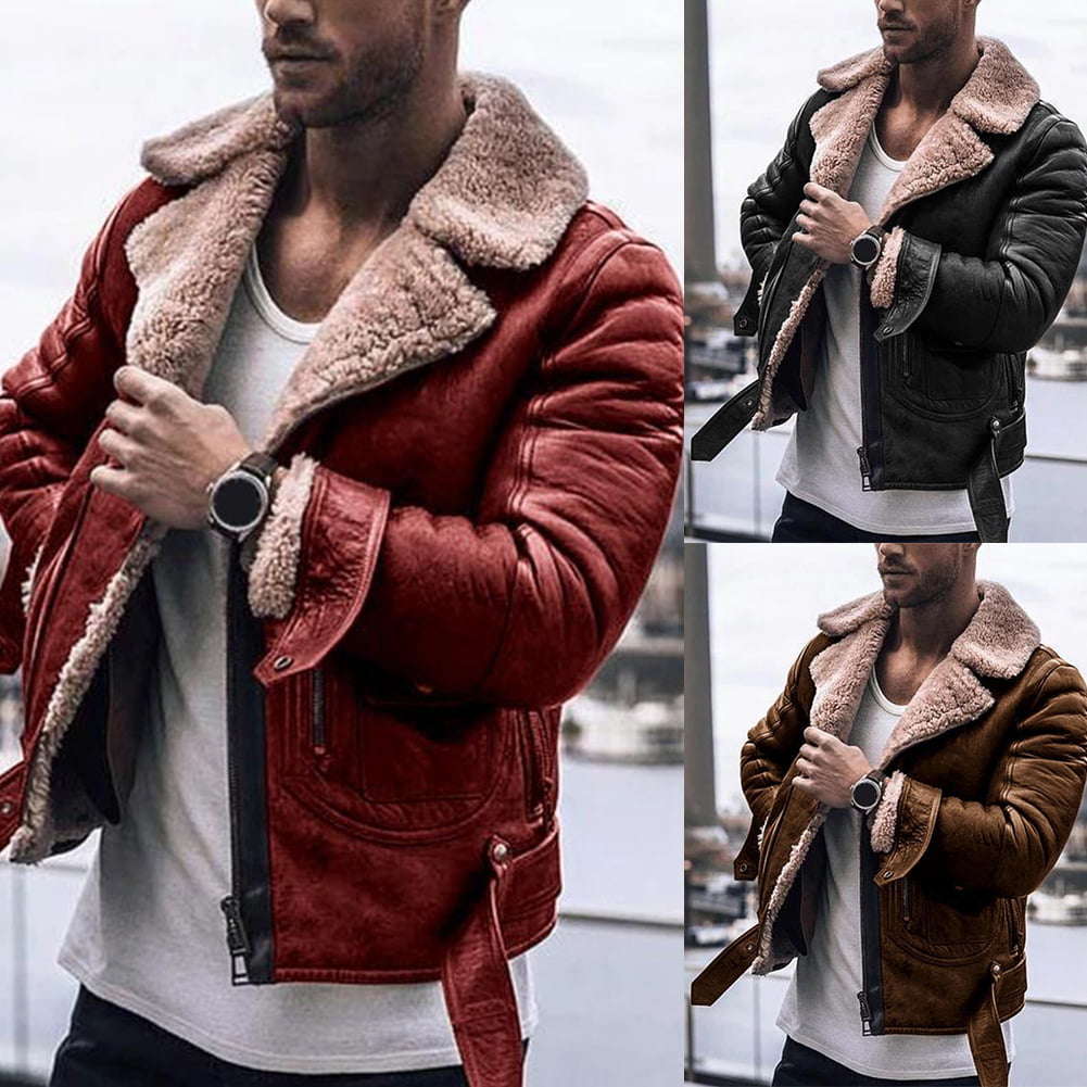 Men's Fall Winter Thicken Fleece Lined Faux Leather Jacket Faux Fur Collar Coat