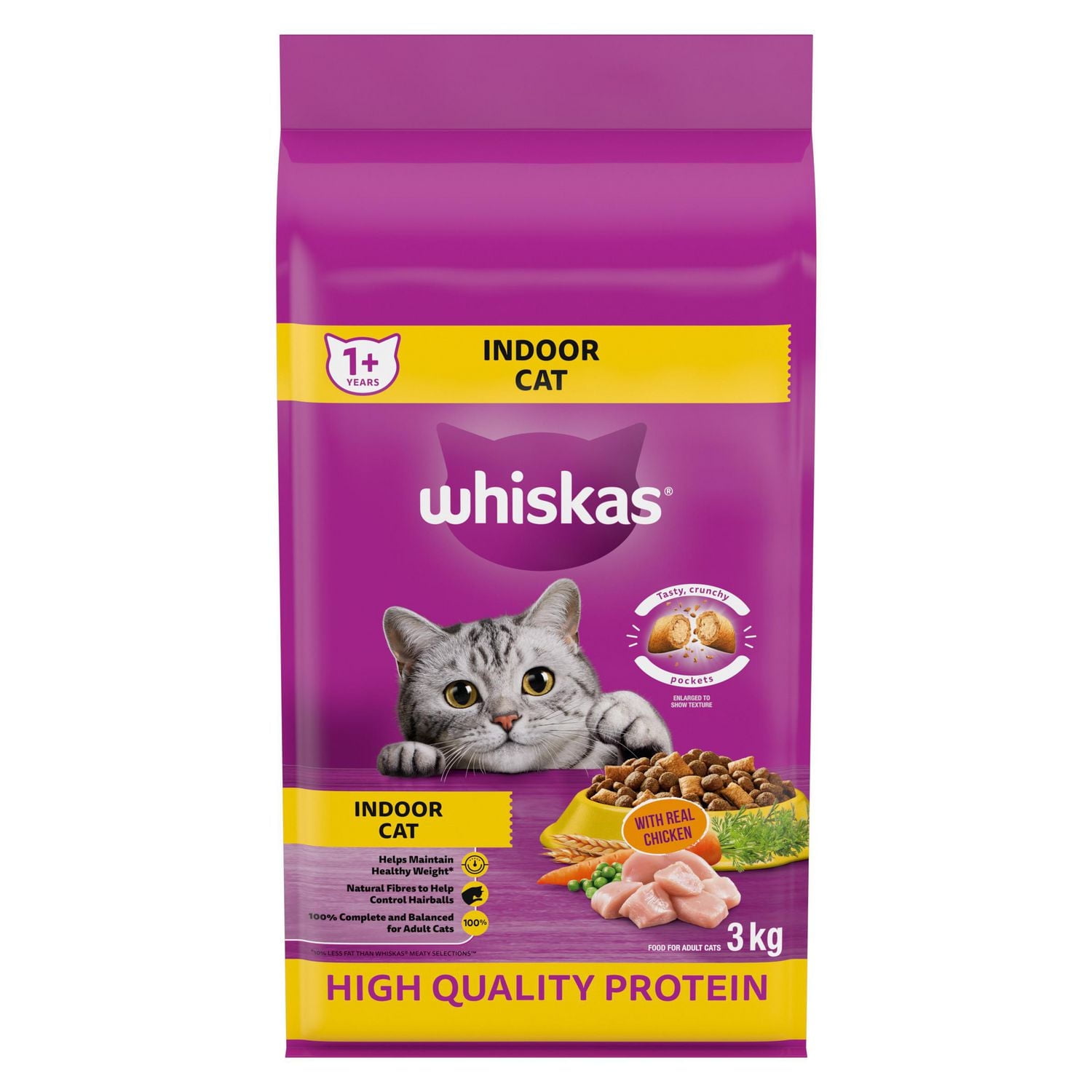WHISKAS Adult  Dry Cat Food, Indoor With Real Chicken, 1.5 - 3kg