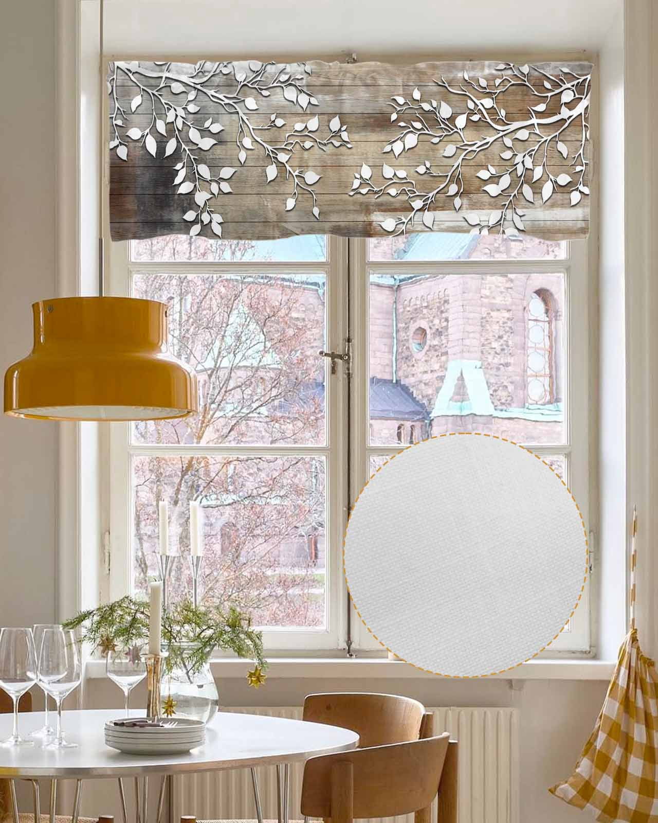 White Branches Kitchen Valances for Windows Farmhouse Linen Window Valance Curtain for Living Room Window Treatment Brown Beige Wooden Grain Valance Rod Pocket Topper Drape, 42 x 18 Inch