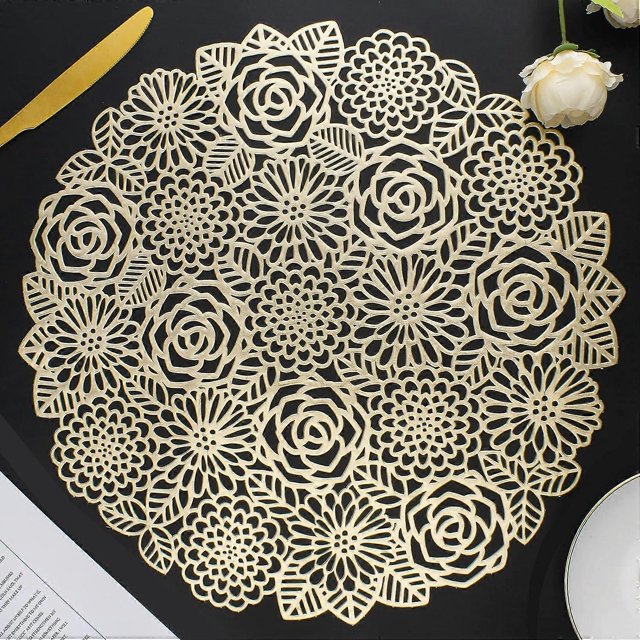 Juego de 6 manteles individuales redondos de vinilo prensado metálico para mesa de comedor, con diseño de rosas florecientes huecas, para banquetes y bodas.