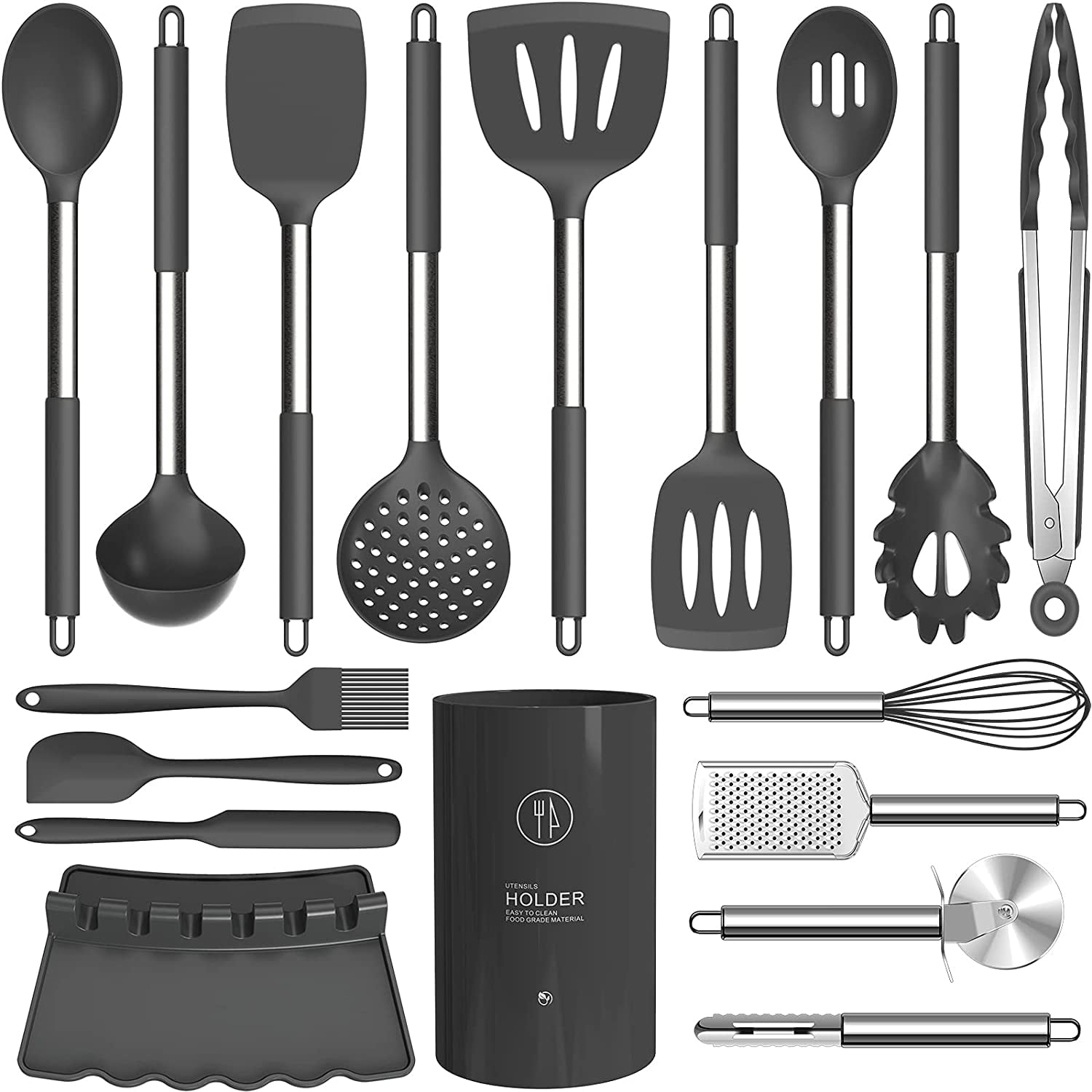 oannao Silicone Cooking Utensils Set - Heat Resistant Stainless Steel Kitchen Utensils, Baking Tools Kitchen Gadgets,Turner, Tongs,Spatula,Spoon,Brush,Whisk,Non-Stick Friendly, Dishwasher Safe (Grey)