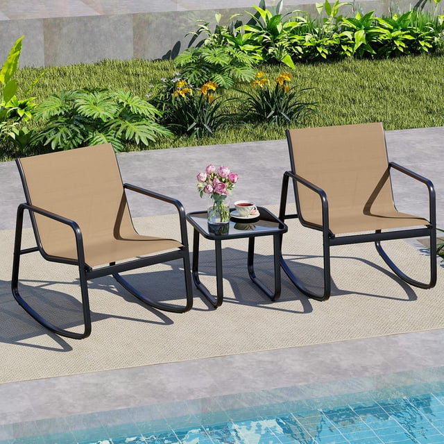 Gymax Set of 3 Patio Rocking Set 2 Rocking Bistro Chairs & Glass-Top Table for Porch