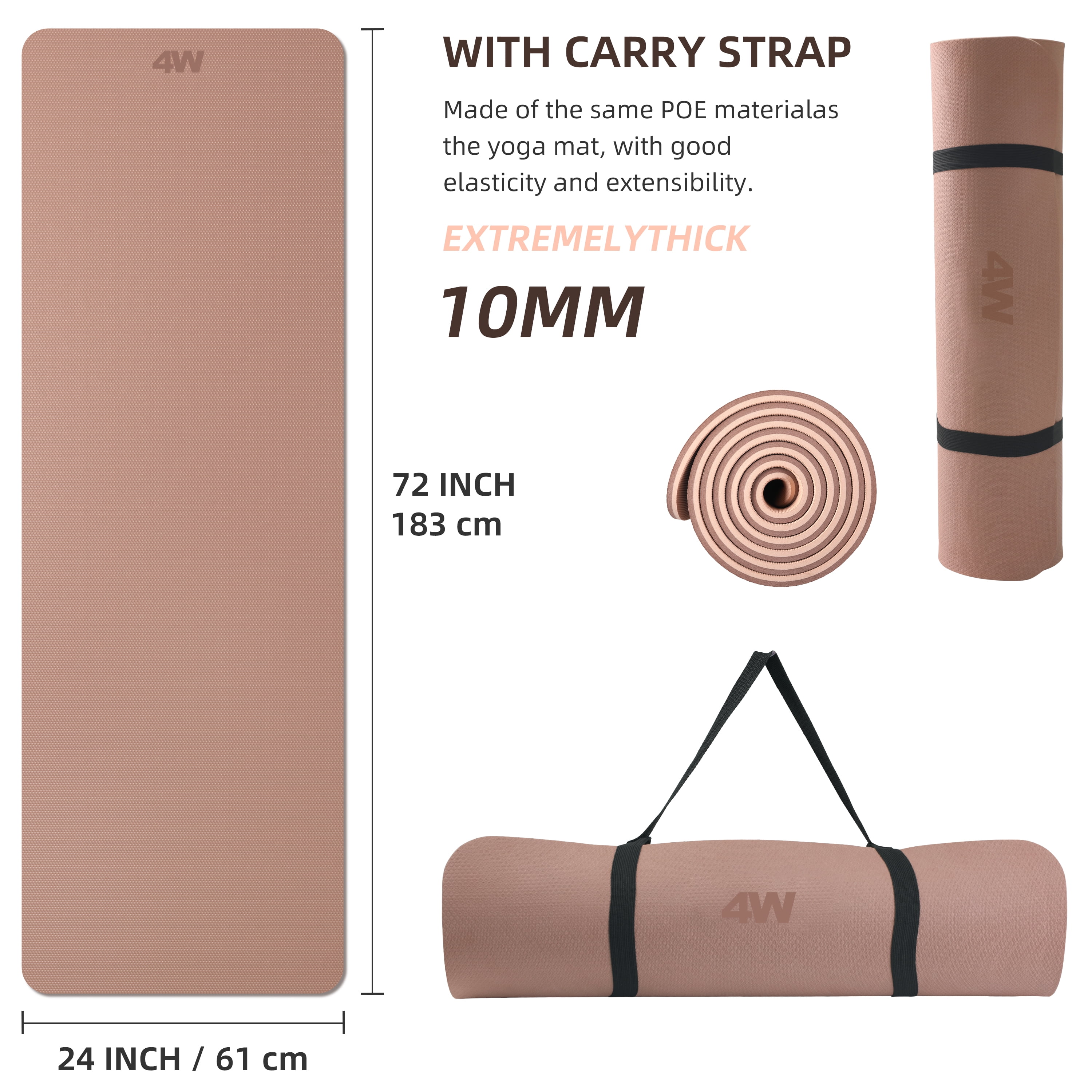 4W 10mm Thick Yoga Mat- TPE Non-Slip Exercise Mats with Strap for Home Workout/Pilatesfor Women Men72"×26"(Brown+Apricot)