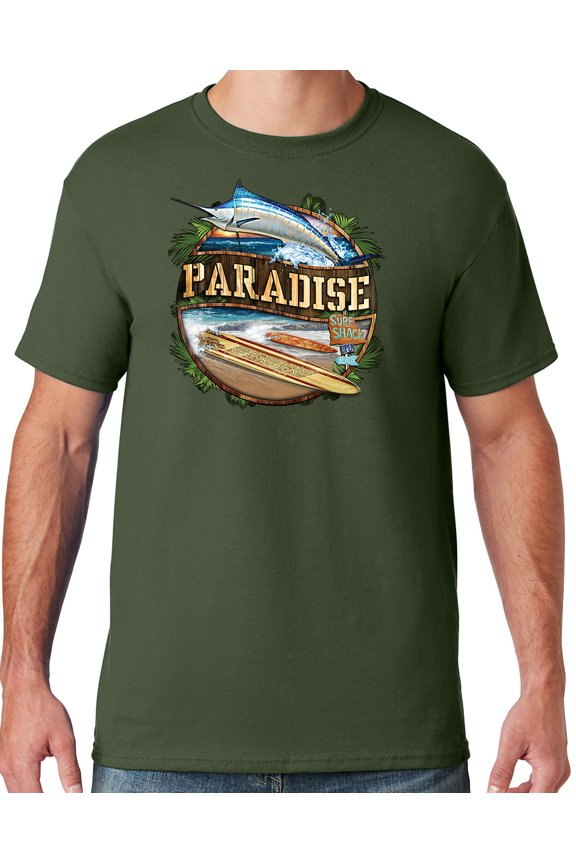 Mens Manu Bay Surf Company PARADISE SURF SHACK MARLIN T-shirt, Small Military Green