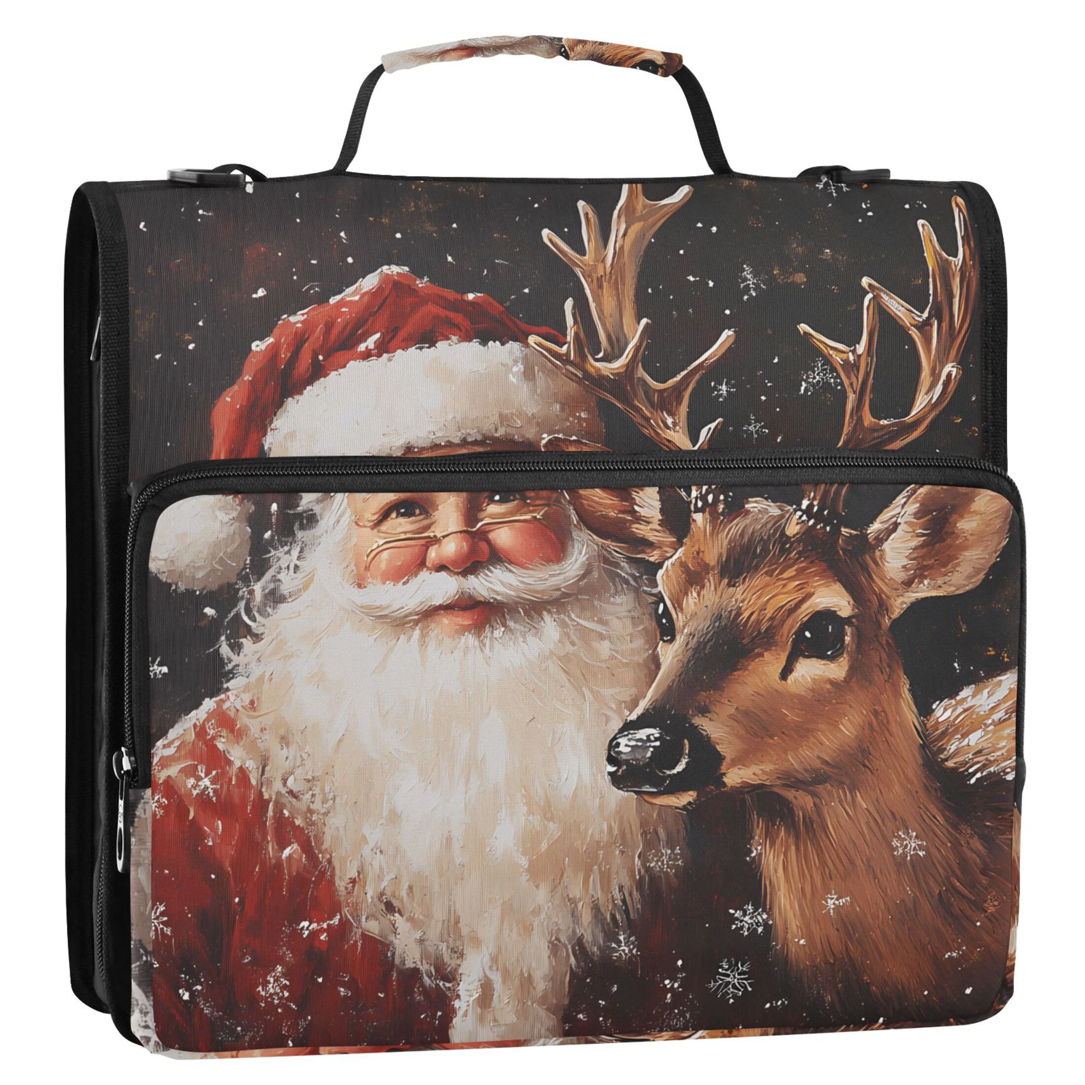 3 Ring Zipper Binder with Shoulder Strap Waterproof Trapper Keeper 2 Inch D-Ring 500 Sheets Capacity Christmas Santa Claus and Deer