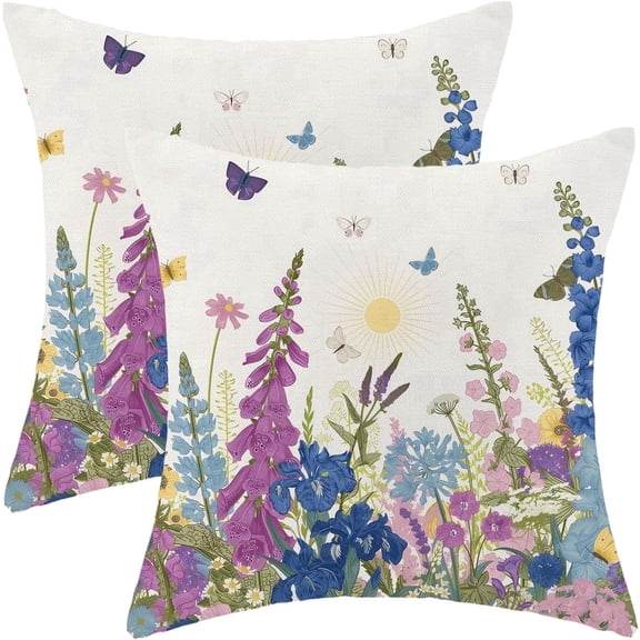 Set of 2 Watercolor Wildflower Throw Pillow Covers, 18x18 Inch Colorful Botanical Cushion Cases, Linen Envelope Closure Pillowcases for Couch Sofa Bedroom Farmhouse Decor