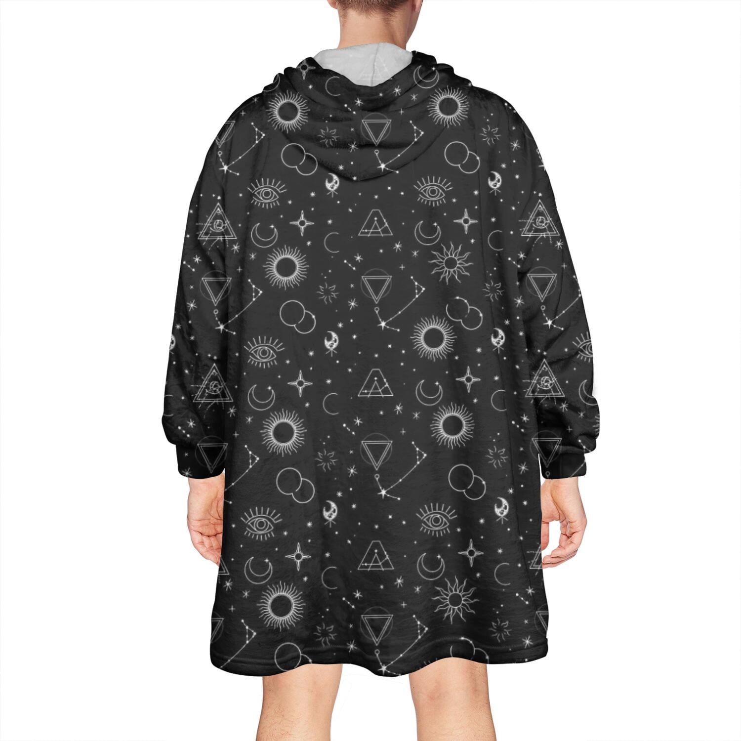 Wearable Oversized Blanket,Black White Gothic Geometry Sun Moon Pattern Wearable Blanket Hoodie for Adults,Cozy Hooded Blankets with Super Pockets,Super Warm Fuzzy Pullover for Women & Men