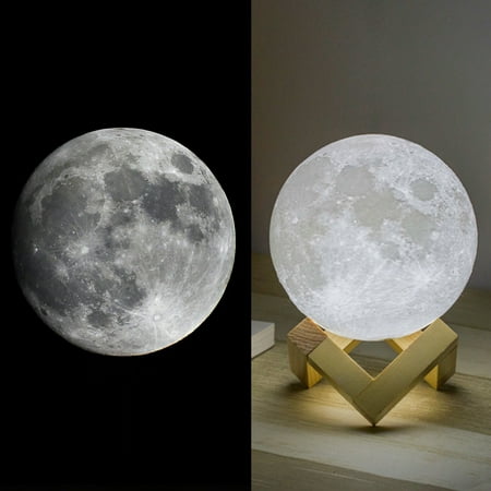 3D Printed Moon Lamp LED Baby Night Light Ellishang Table Desk Lamp USB Charging Wooden Base Touch Sensor Control 2-colors Dimmable Switch for Bedroom Birthday Decoration