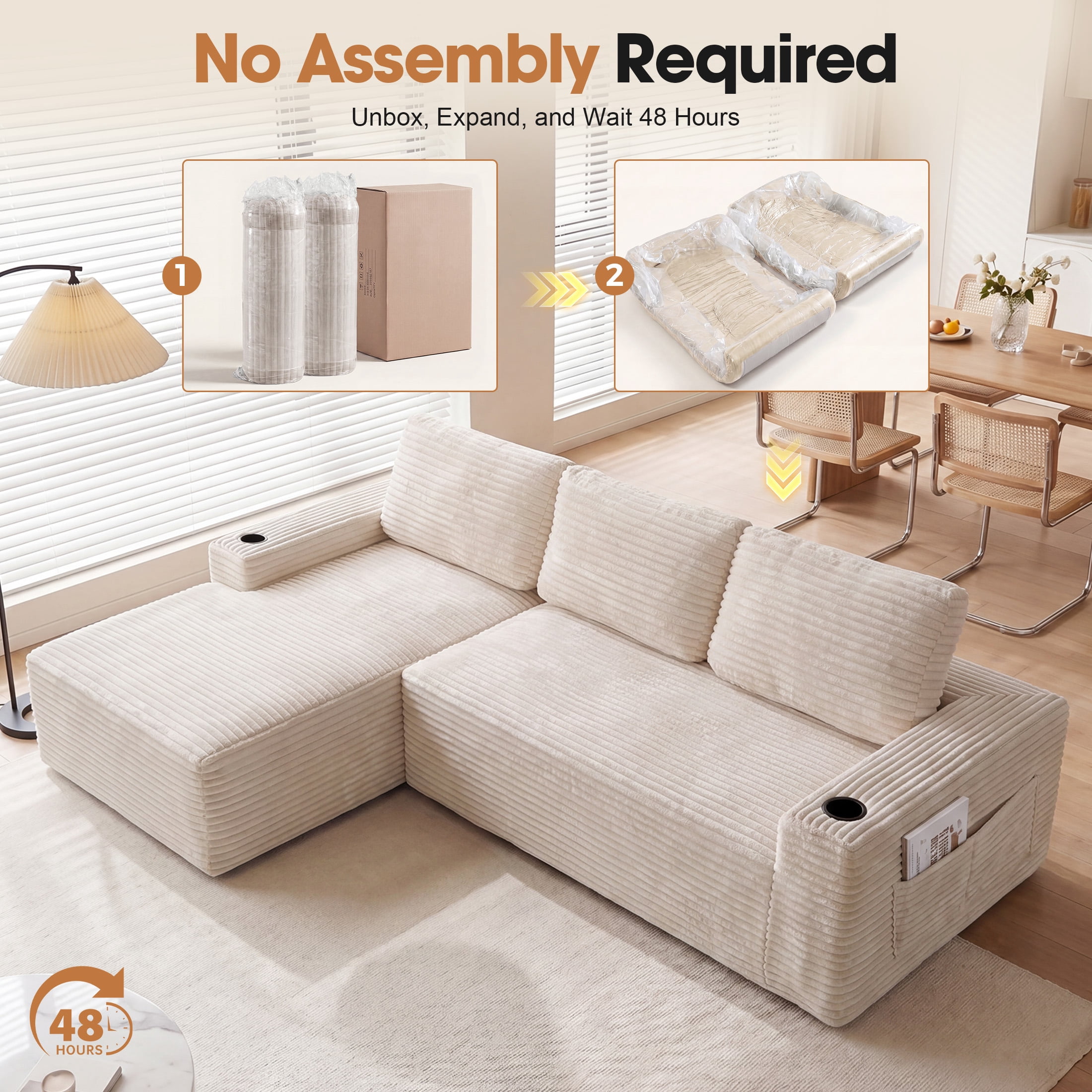 Aenkyo 104 Inch Corduroy L-Shaped Cloud Sectional Sofa with Left Facing Chaise and Cup Holders, Gream