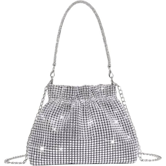 Women's Rhinestone Crossbody Bag Ruched Bucket Bag Shoulder Handbag