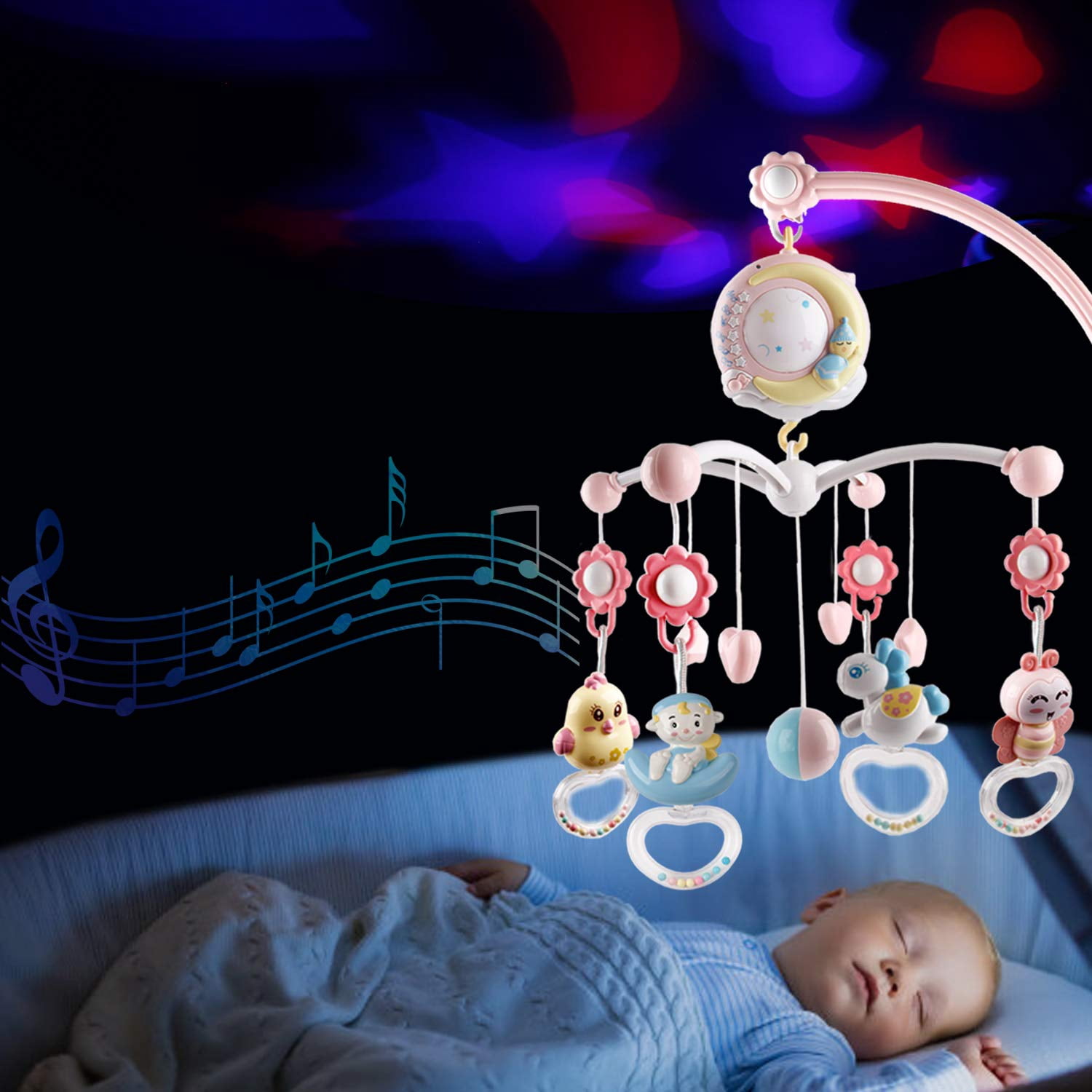 Mini Tudou Baby Musical Crib Mobile with Timing Function Projector and Lights,Hanging Rotating Rattles and Remote Control Music Box with 150 Melodies,Toy for Newborn 0-24 Months