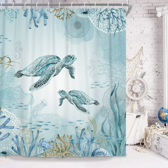Sea Turtle Shower Curtain Teal Blue Ocean Beach Coastal Waterproof Fabric Bathroom Curtain ,72x72in