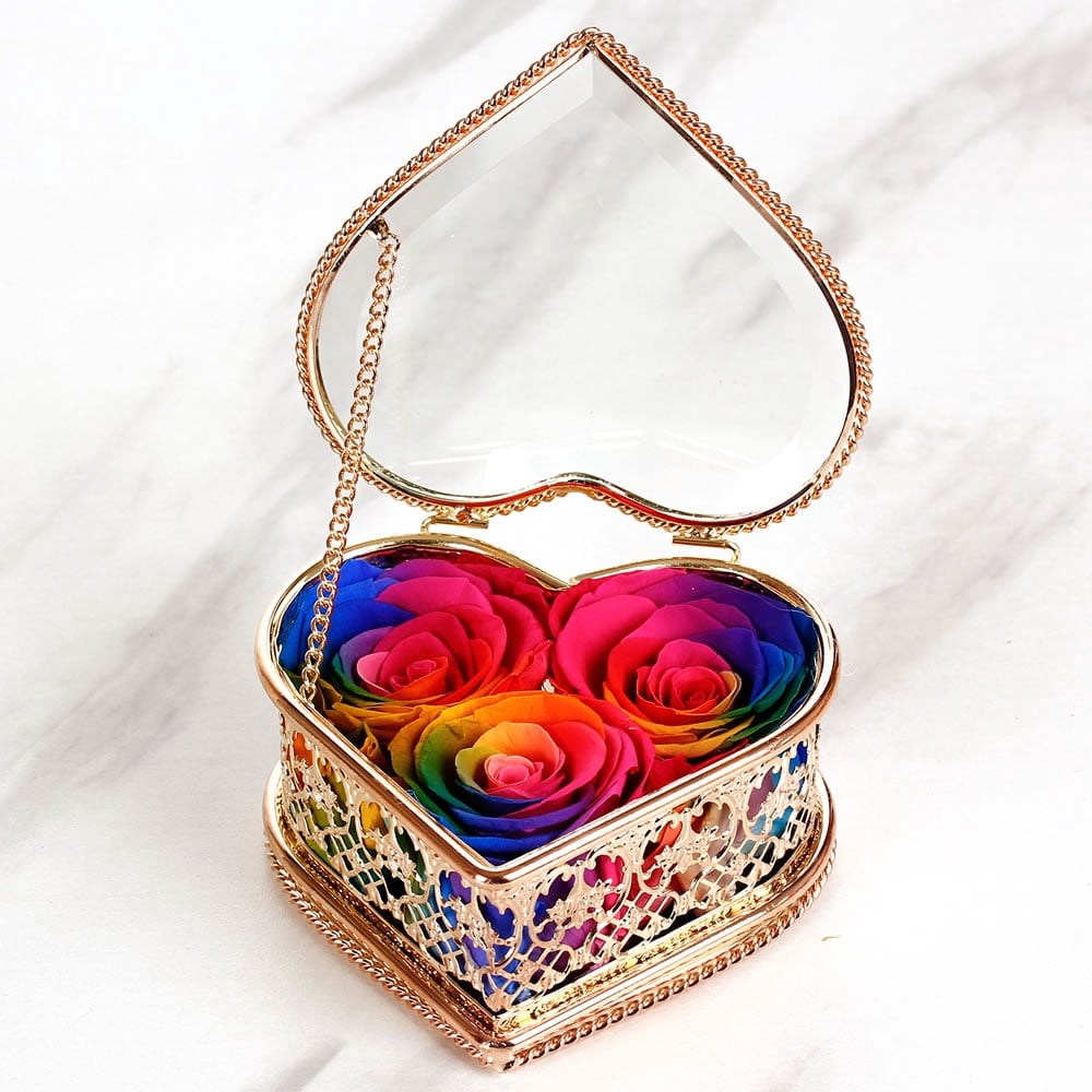 Enchante Preserved Forever Rose Vintage Heart Jewelry Box, Wedding Anniversary Birthday Valentine's Day Mother's Day Gift Eternity Flower, Rainbow