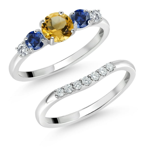 Gem Stone King 10K White Gold Yellow Citrine Blue Created Sapphire and White Lab Grown Diamond 5 Stone Bridal Engagement Wedding Ring Set for Women (1.11 Cttw, Round: 5MM and 3MM, Size 8)