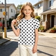 thumbnail image 6 of Girls Short Sleeve Crew Neck T-Shirt for Ages 4-15, Polka Dot Print Cute Puff Bubble Sleeve Blouse Soft Breathable Casual Summer Basic Tee for Little & Big Kids Black, 6 of 8