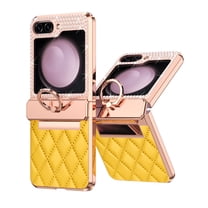 for Samsung Galaxy Z Flip 5 Case Hinge Protection with Finger Ring Holder, Premium PU Leather Hybrid PC All-Inclusive Diamond Bling Phone Case for Samsung Galaxy Z Flip 5 5G, Yellow