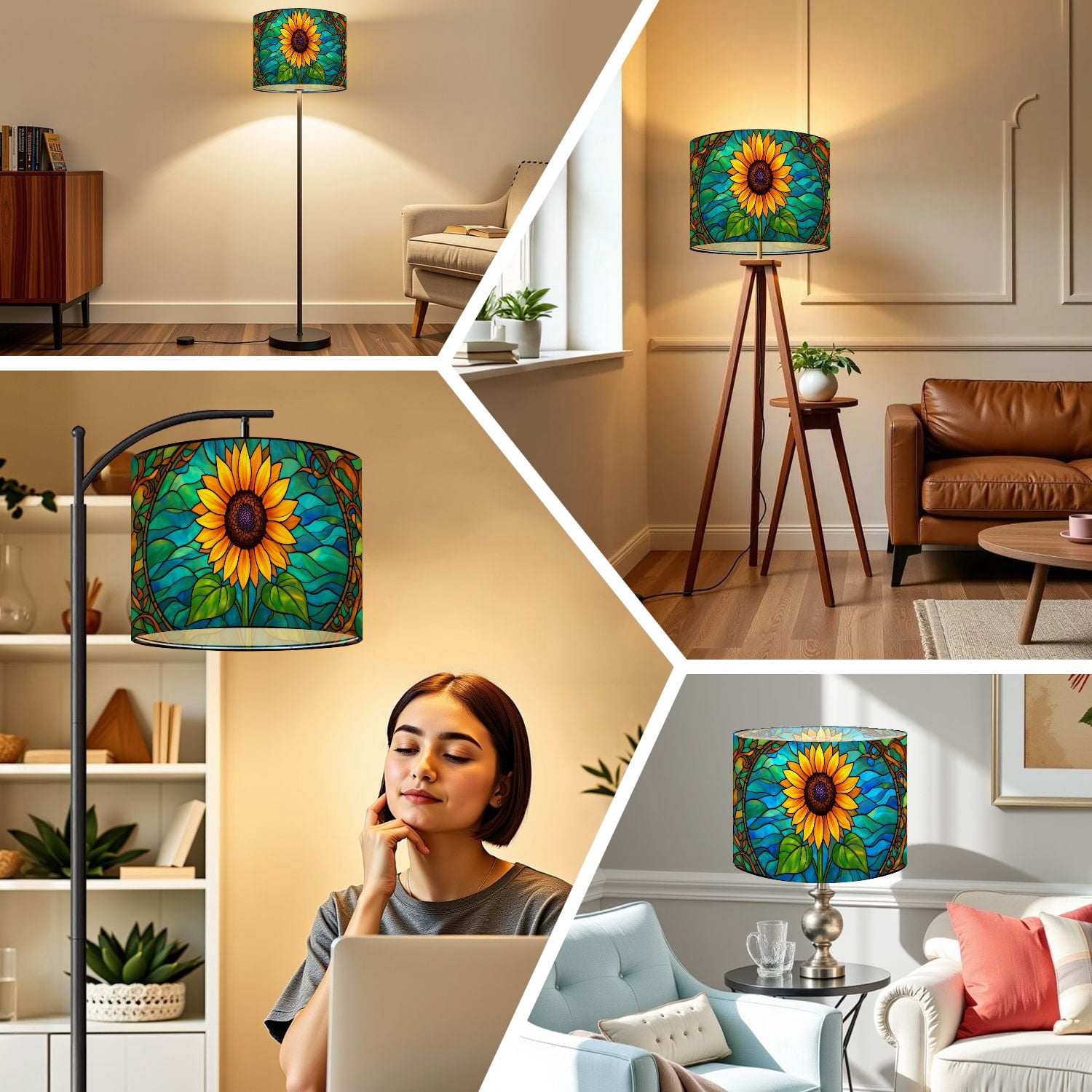 Linen Drum Lampshades Vibrant Stained Glass Sunflower Yellow Petals Blue 13"x13"x10" Light Shade for Table Lamps Floor Lamp Shades Lampshade Replacement Assembly Required