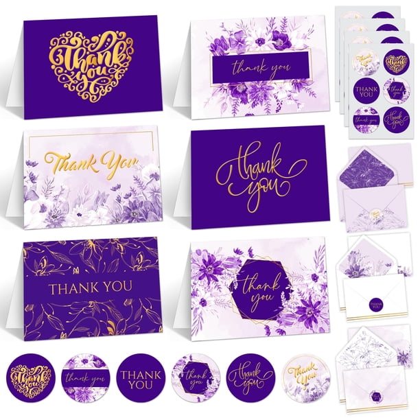 Tarjetas de Agradecimiento Decorably Paquete de 24 Morado con Detalles en Dorado