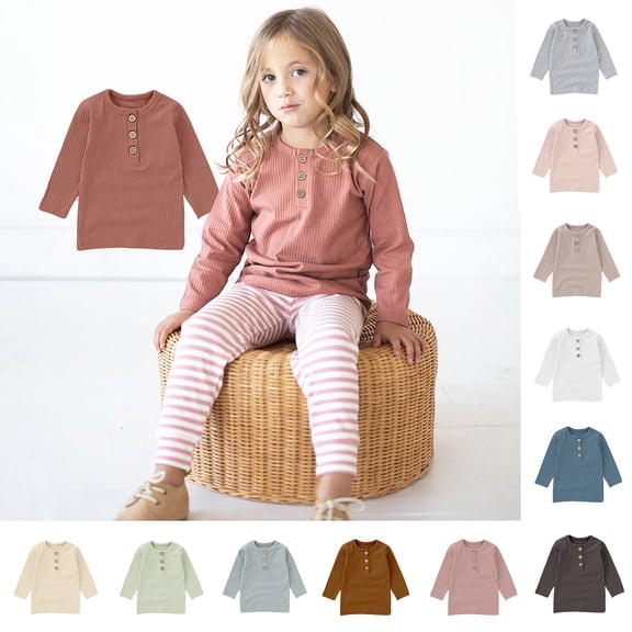 Toddler Henley Long Sleeve Shirts Cotton Ribbed Solid T-Shirt Boy Fall Clothes Basic Tees Tops