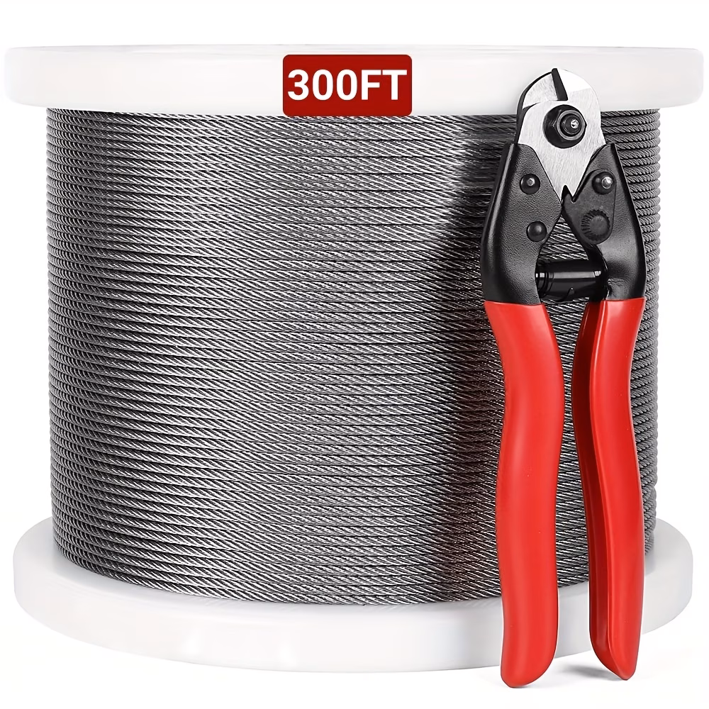 1/8" Wire Cable Crimp Kit, 300ft Wire Rope Metal Cable With Loop Sleeve and Steel Thimble, 7x7 Marine Stainless Steel Strand Core Perfect For Deck Railing System, Outdoor Hanging Kit, Garden Fence
