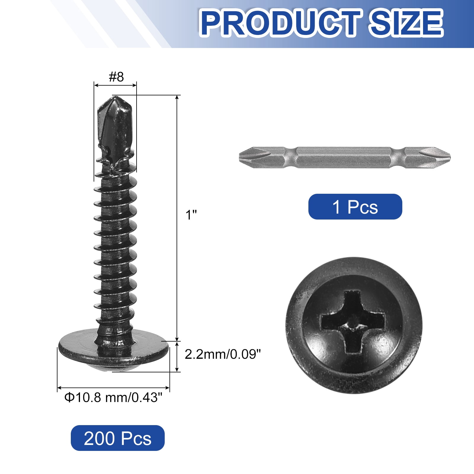 200Pcs #8x1" Self-Tapping Screws, 410 Stainless Steel Phillips Self Drilling Screws Flat Head Sheet Metal Screws for Industry, Furniture Repair, Black