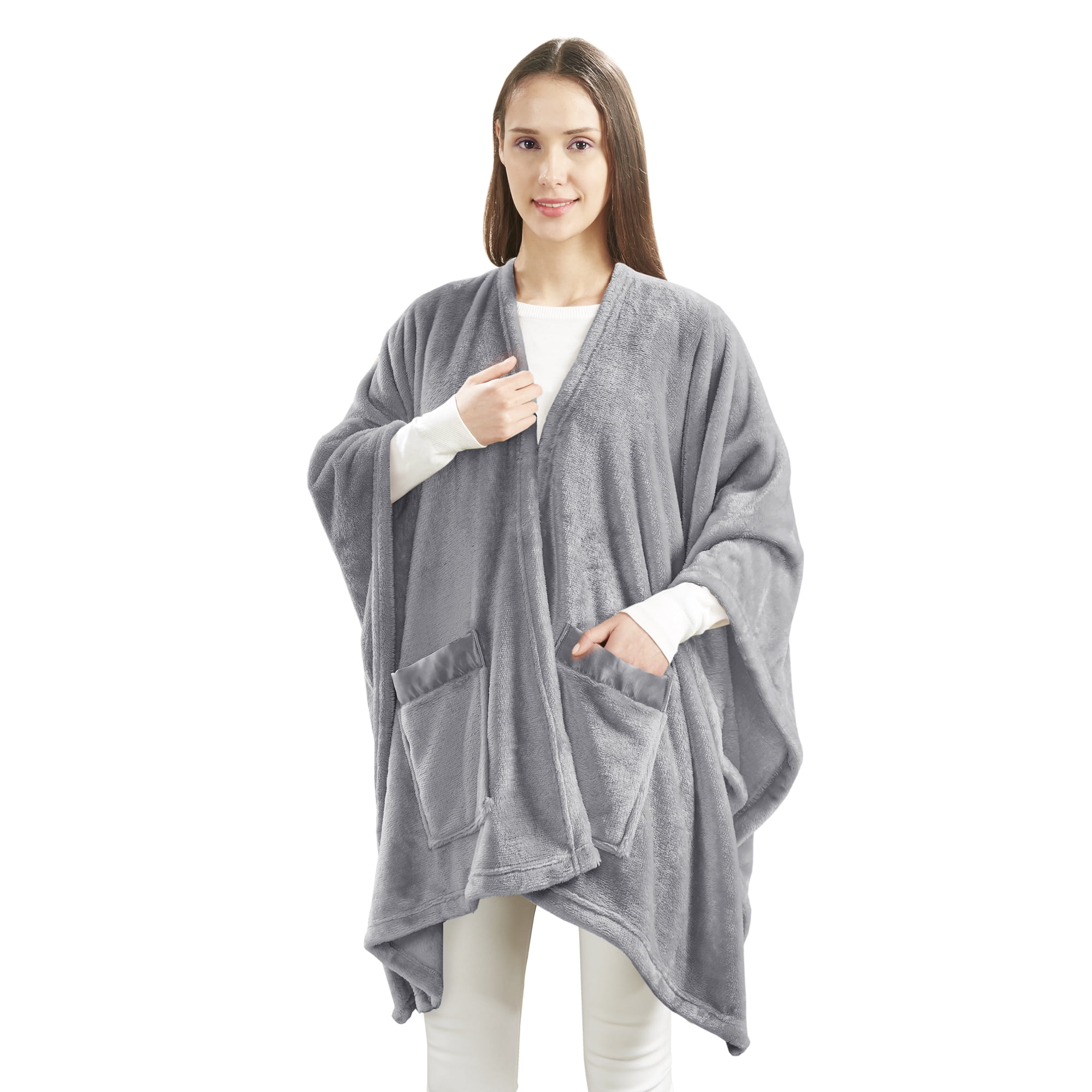 Giftable and Wearable Angel Wrap Plush Throw Blanket with Pockets, Gray