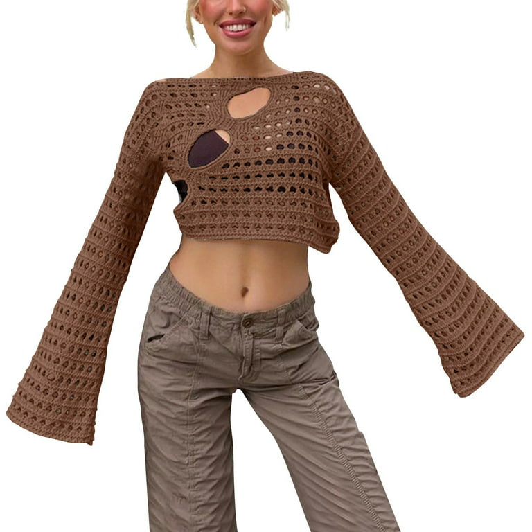 Biekopu Women's Hollow Open Navel Crochet Top, Long Sleeved Round Neck  Solid Color Loose Knit T-Shirt,S/M/L/XL 