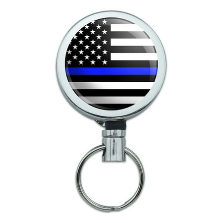 Metal Retractable Reel Thin Blue Line American Flag Heavy Duty Metal Retractable Reel ID Badge Key Card Tag Holder with Belt Clip ()
