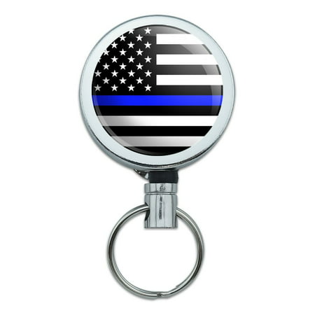 Thin Blue Line American Flag Heavy Duty Metal Retractable Reel ID Badge Key Card Tag Holder with Belt