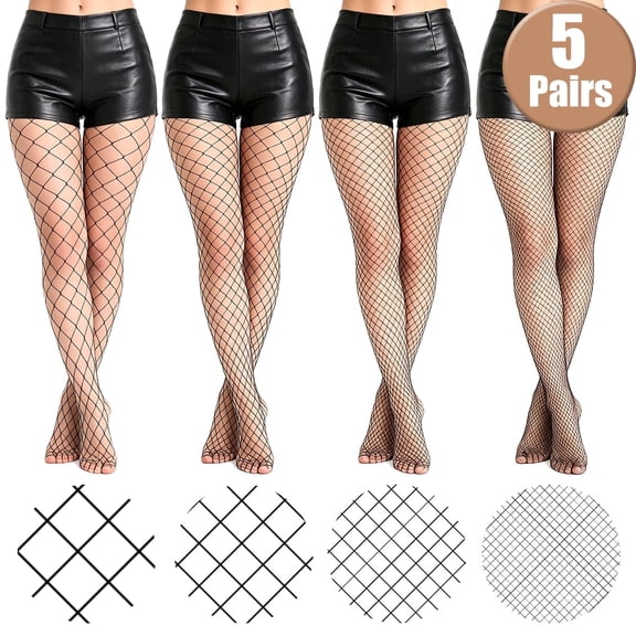 5 Pairs Fishnet Tights for Women High Waisted Thigh High Stockings Halloween Mesh Pantyhose, Black Nylon Fishnets for Party Date Night