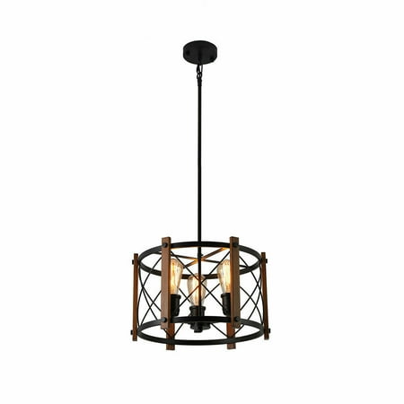 

Oukaning 3-Light Antique Wood Chandelier Square Linear Metal Kitchen Living Room Dining Room