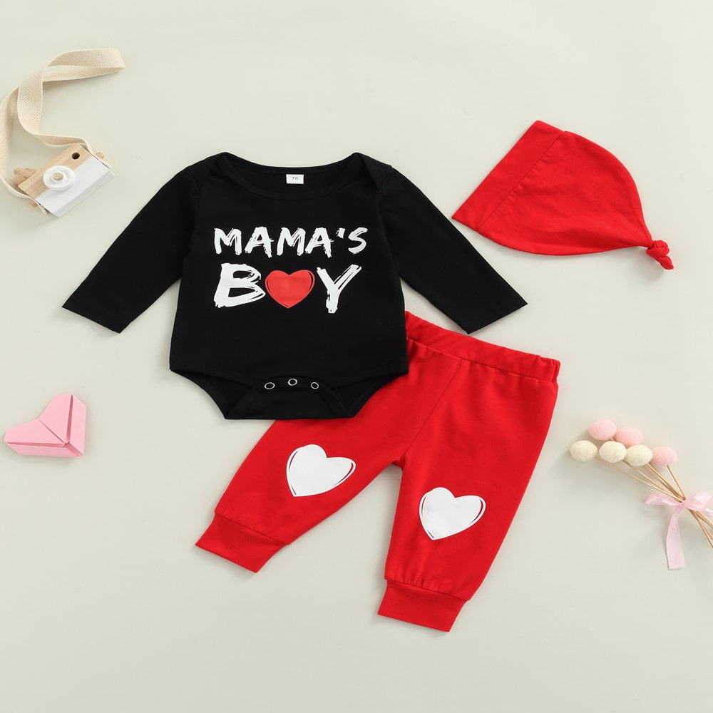 Newborn Baby Boys Valentine's Day 3Pcs Outfits Letter Long-Sleeve Romper Heart Print Pants Hat For Toddler