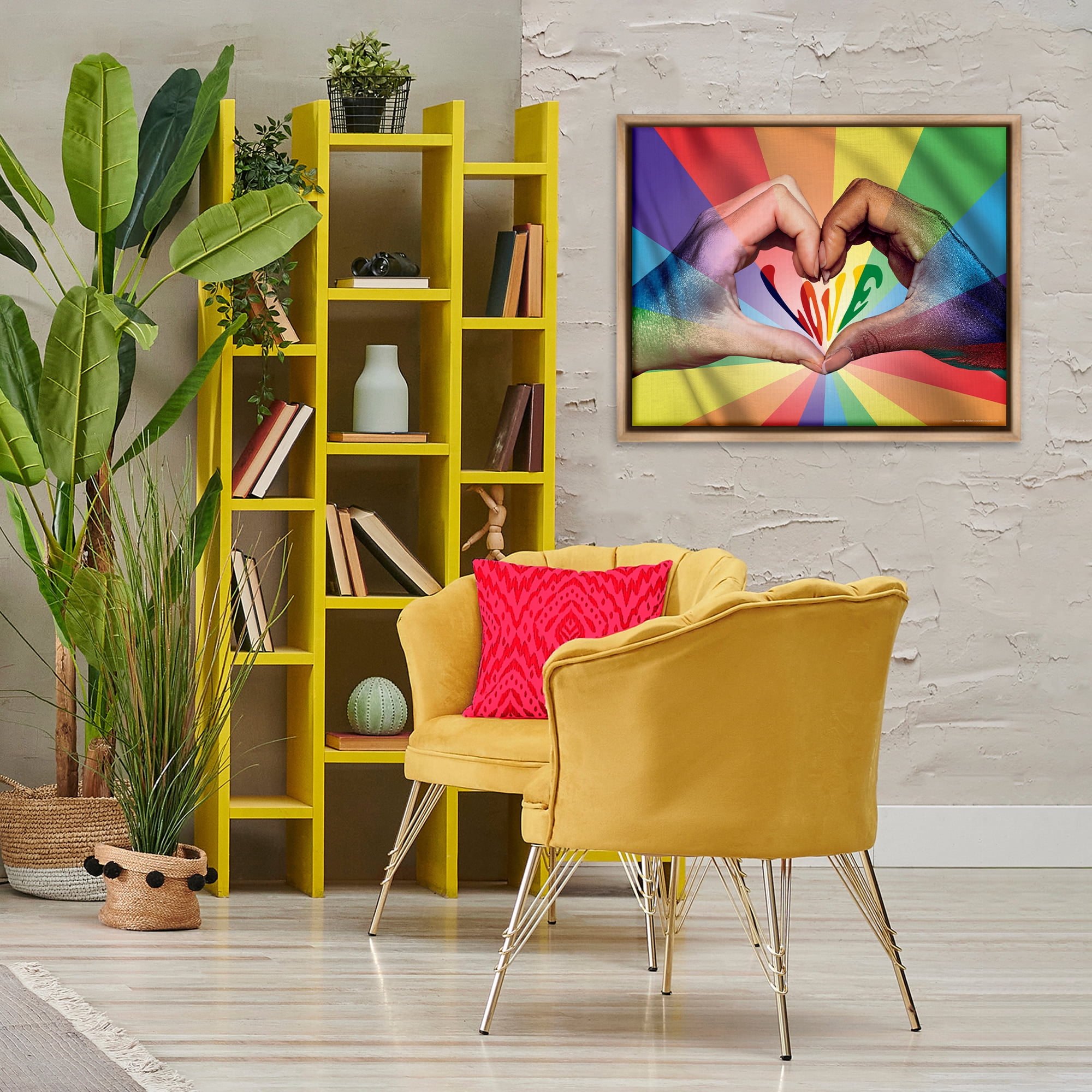 Stupell Industries Rainbow Love Hands Symbol People Painting Brown Floater Framed Canvas Art Print Wall Art, 31 x 25
