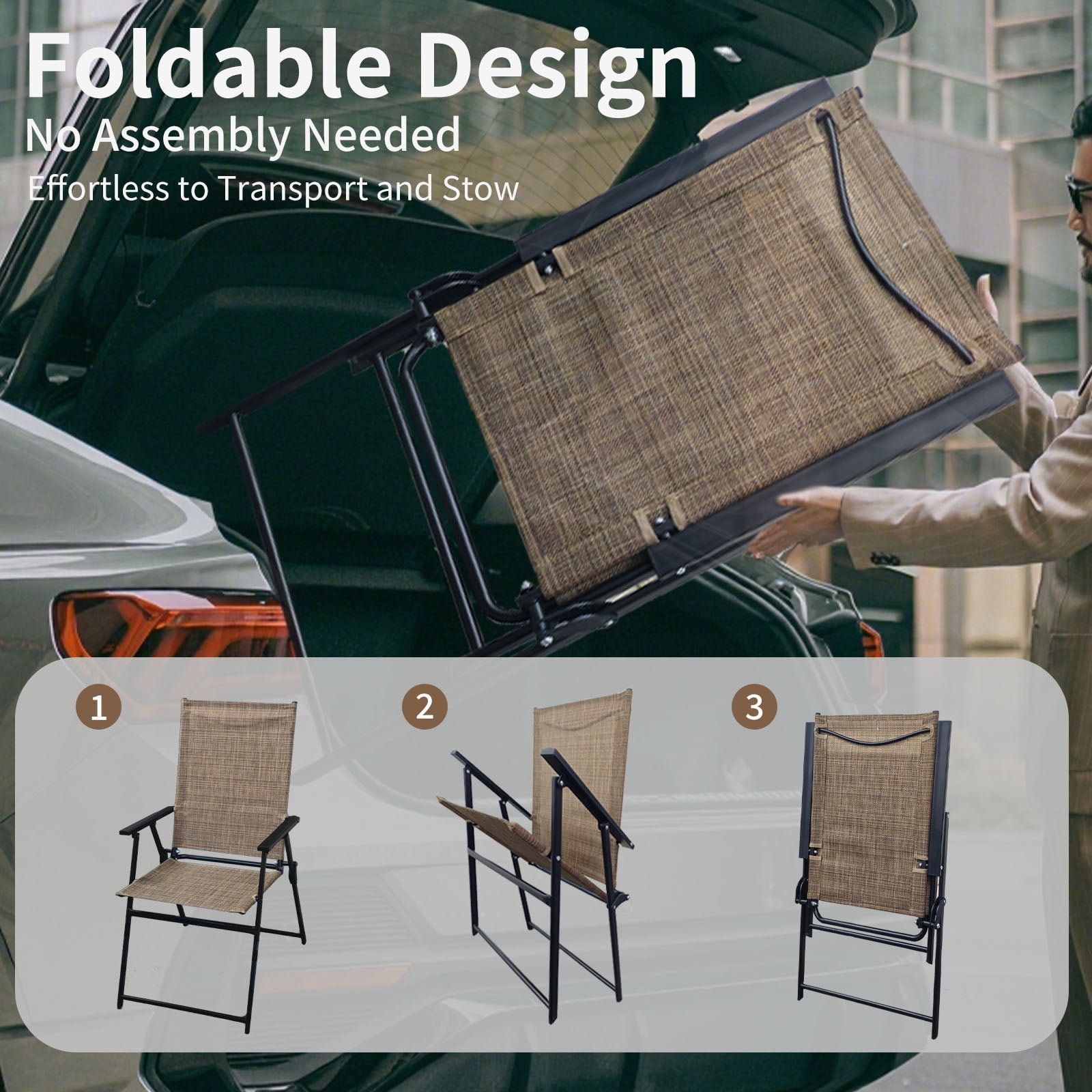 SHGJ&SOFT Set of 2 Folding Chairs，Outdoor Patio Chair with Armrests for Porch Camping Pool Beach Deck Lawn Garden (Brown, 2 PC)