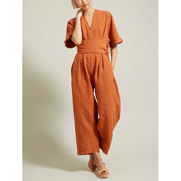 Women Vintage Linen Wrap Jumpsuit V Neck Self Tie Waist Batwing Short Sleeve Wide Leg Cropped Casual Jumpsuit