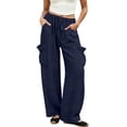 thumbnail image 5 of LEAVINGSUO Cargo Pants Women Linen Wide Leg Work Pants with Elastic Drawstring Waistband Casual Pants with Pockets Navy XL, 5 of 7