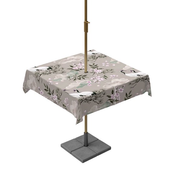 Square Outdoor Tablecloth with Umbrella Hole White Crane Table Cloth Waterproof Patio Table Cover Pink Chery Blossom Vintage Pine Banches Cloud Zipper Tablecloths for Picnic Party Camping 60x60 Inch