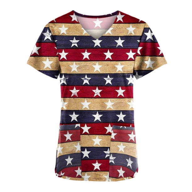 Día de la Independencia de las mujeres con cuello en V Casual manga corta bolsillos impresos señoras Tops blusa uniforme Pompotops hkajfhjk465358