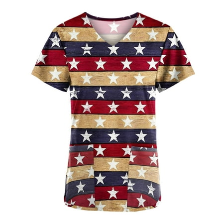 

Women’s Nursing Scrub Tops American USA Flag Print Short Sleeve Uniform Casual Working Tunic T-shirt Pullover Top