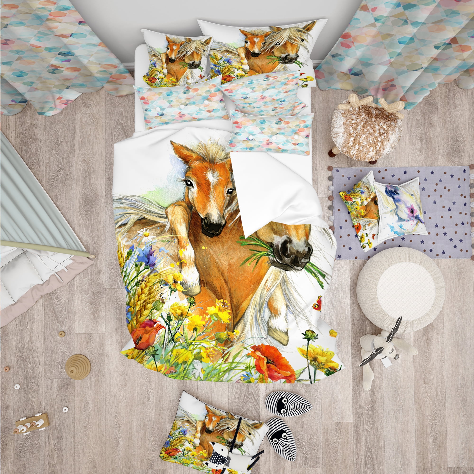 Designart 'Horse and Foal with Flowers' Modern kids Duvet Cover Set