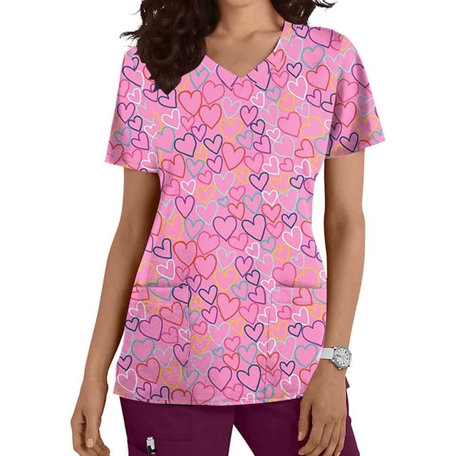 TIMIFIS Hauts de Sarrau pour Femmes Saint-Valentin Manches Courtes Col en V Hauts Uniforme Saint-Valentin Imprimé Poches Blouse Soins Infirmiers avec Poches pring