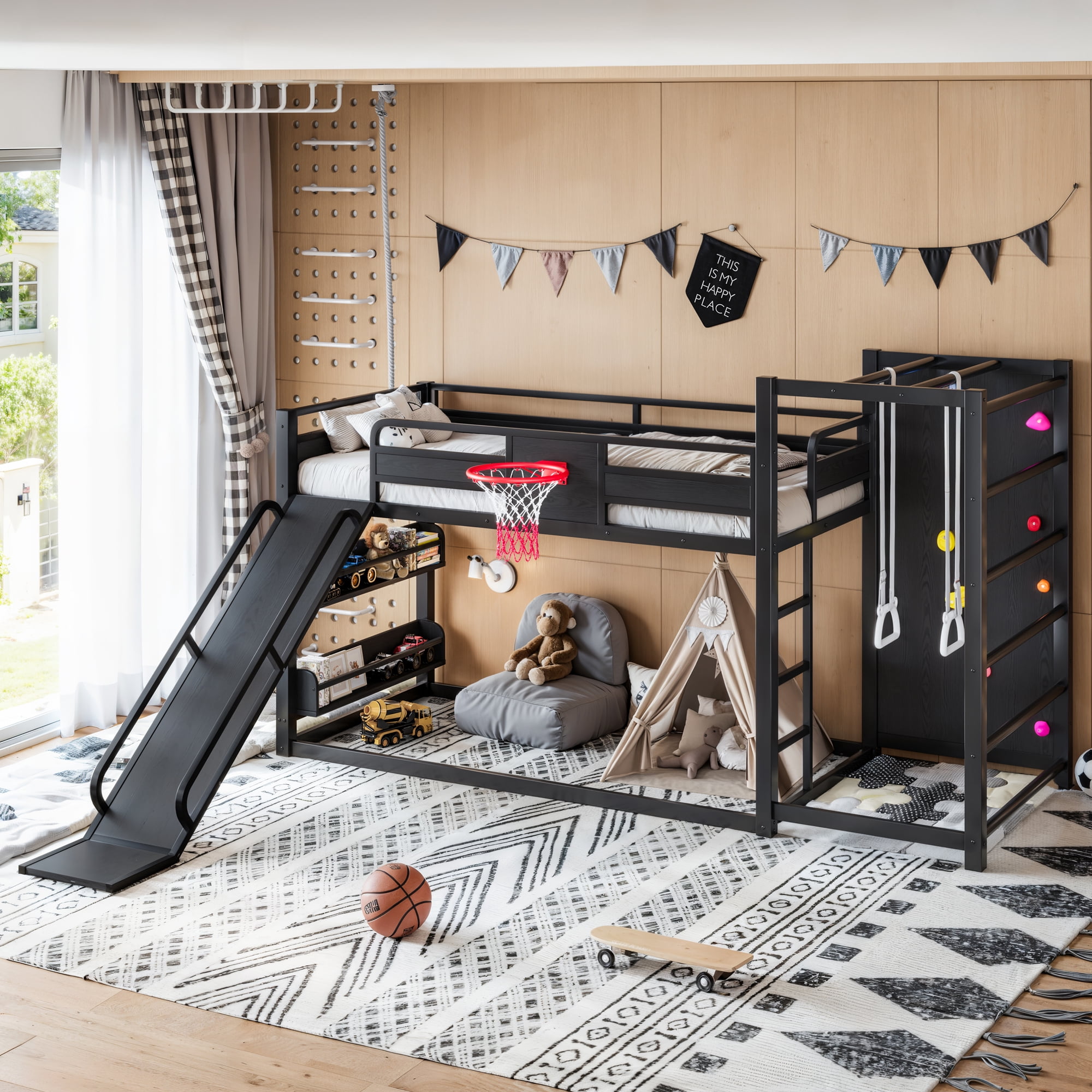 Twin XL Size Loft/Bunk Bed with Basketball Hoop, Pull-up Rings and Climbing Wall, Metal Loft Bed Frame with Slide and Bookshelves, Heavy Duty Bunk Beds with Guardrail