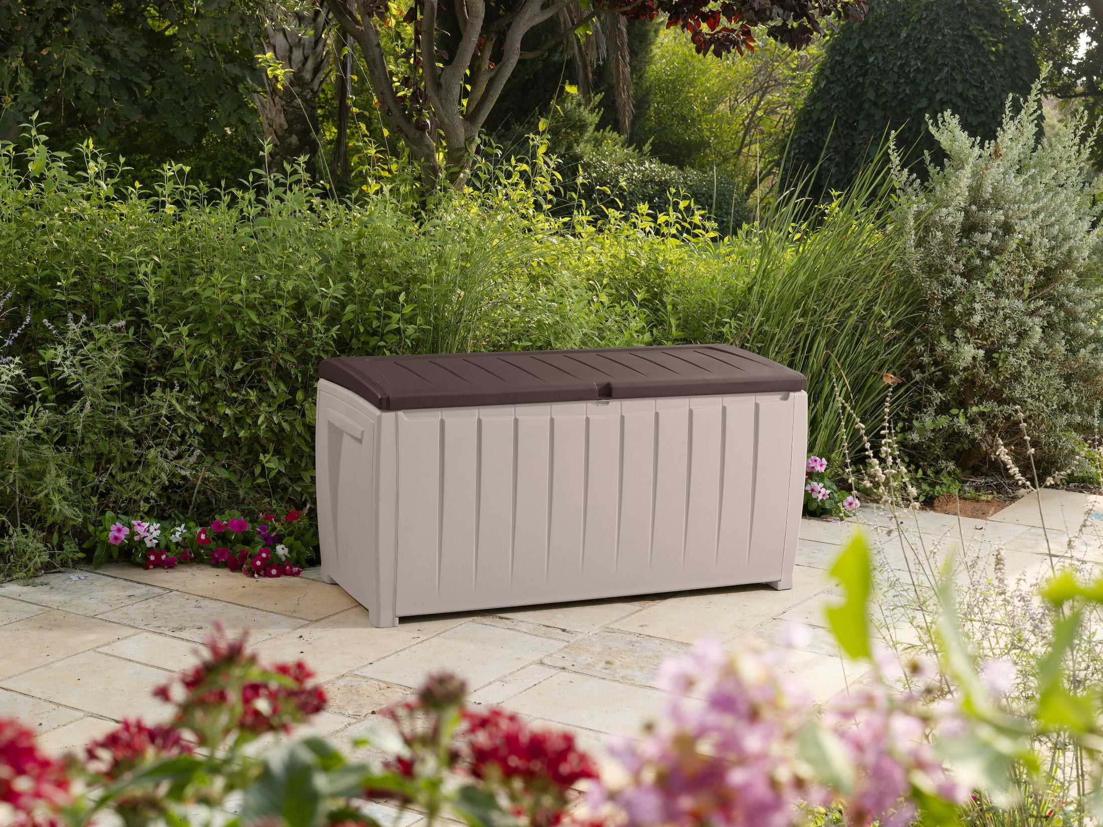 Keter Novel 90 Gallon Durable Resin Outdoor Deck Box Storage Organization, Brown