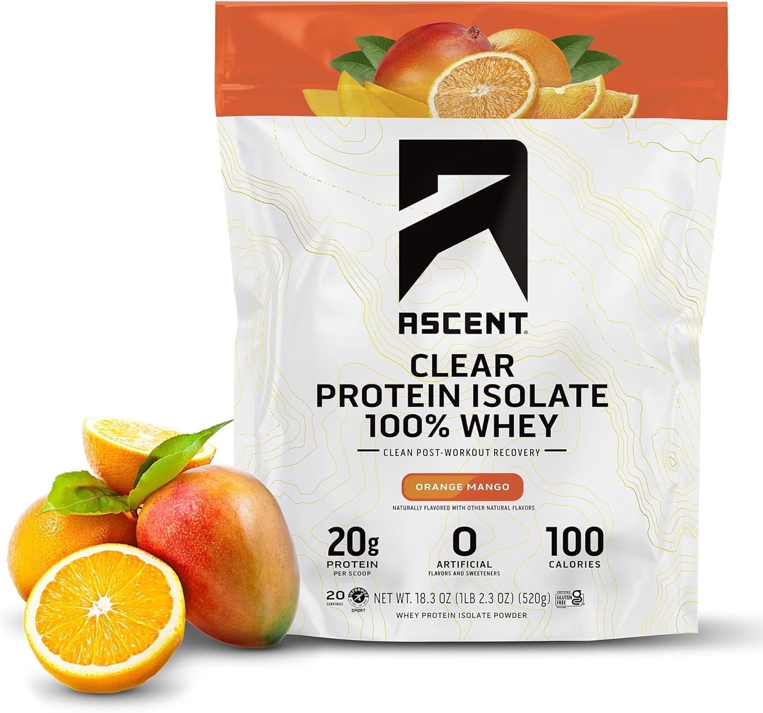 Ascent Clear 100% Whey Protein Powder, Orange Mango, 20 Servings