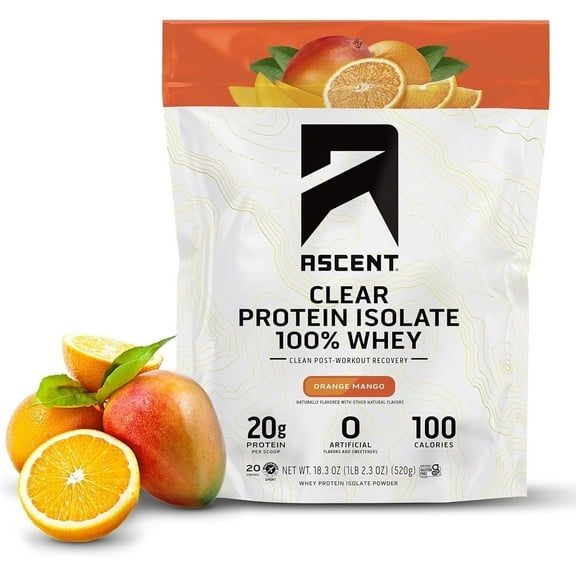 Ascent Clear 100% Whey Protein Powder, Orange Mango, 20 Servings