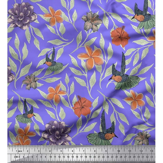 Soimoi Purple Poly Georgette Fabric Flying Bird & Floral Decor Fabric Printed BTY 52 Inch Wide